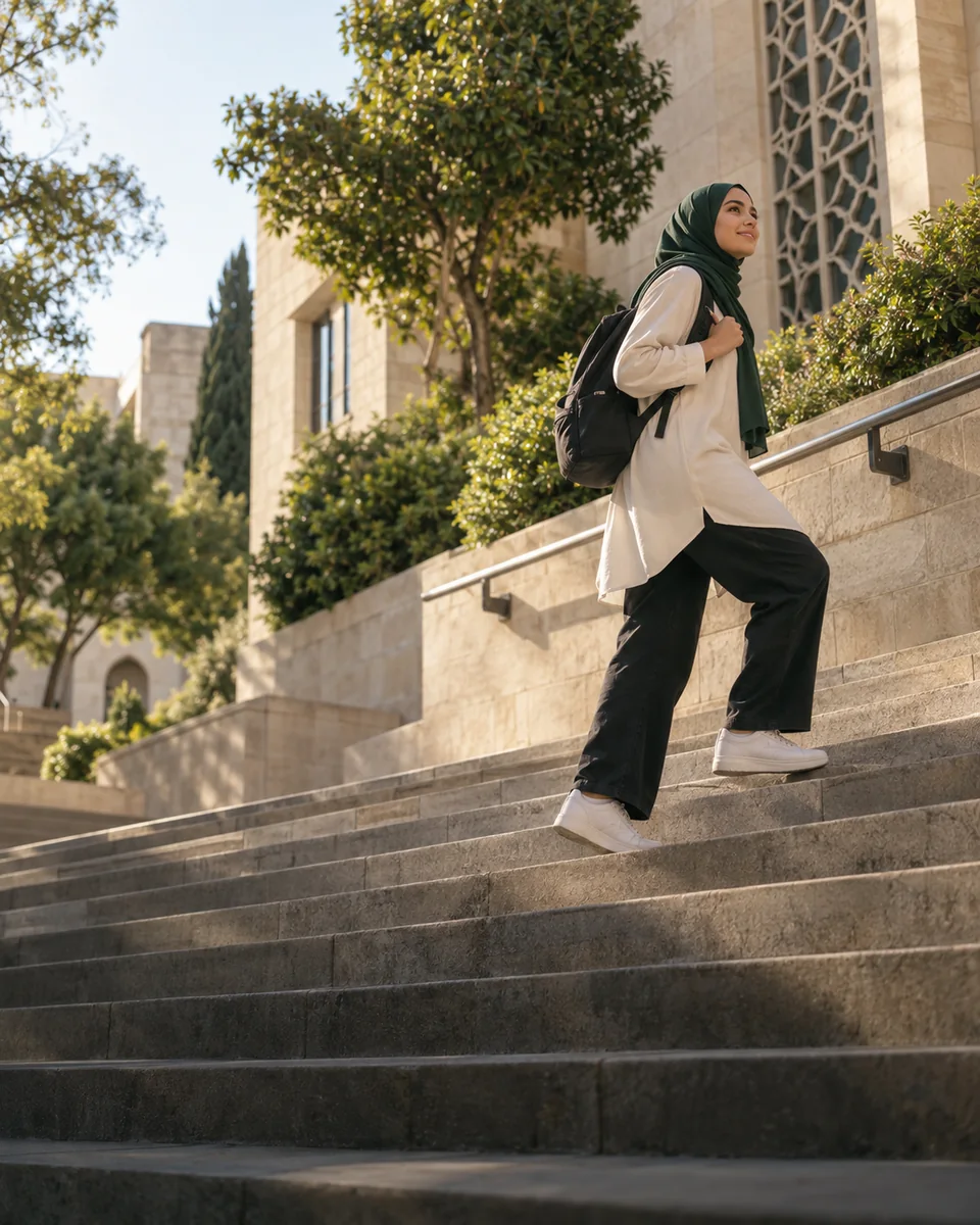 A Muslim young woman with a backpack climbing sunlit campus steps.